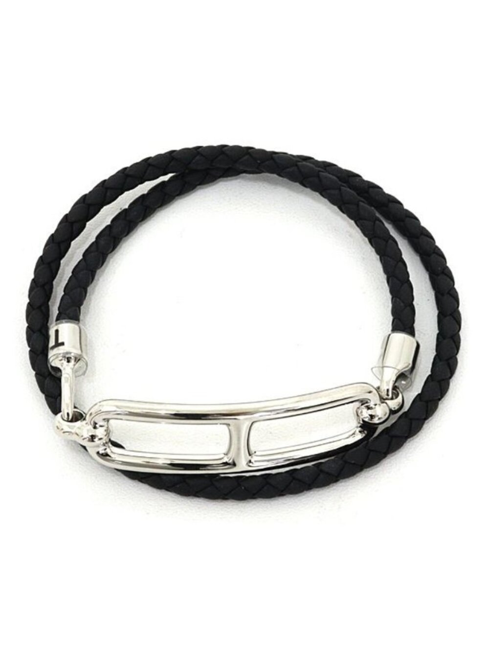 Hermes Leather Bracelet Double Tour Braided Vo Swift Black Silver